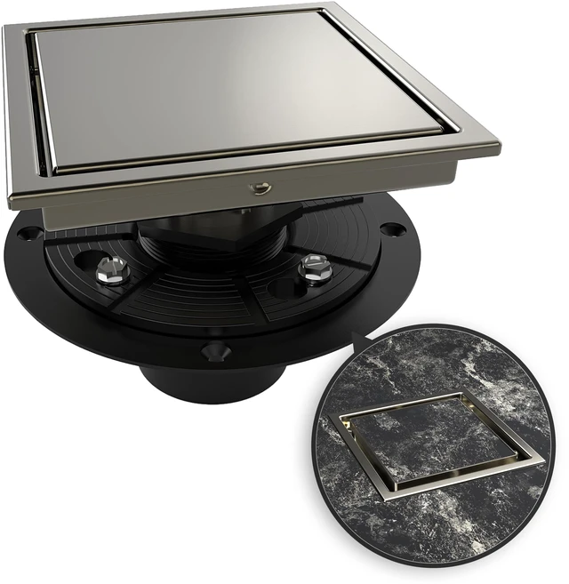 Main image of 6 Inch Square Shower Drain Nickel Floor Drain with Flange Reversible 2-in-1 Cover Tile Insert Grate Removable SUS304 Stainless Steel CUPC Certified Brushed Nickel