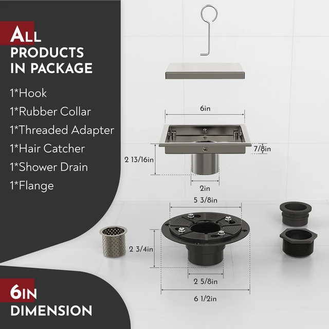 Alt view image 2 of 6 - 6 Inch Square Shower Drain Nickel Floor Drain with Flange Reversible 2-in-1 Cover Tile Insert Grate Removable SUS304 Stainless Steel CUPC Certified Brushed Nickel
