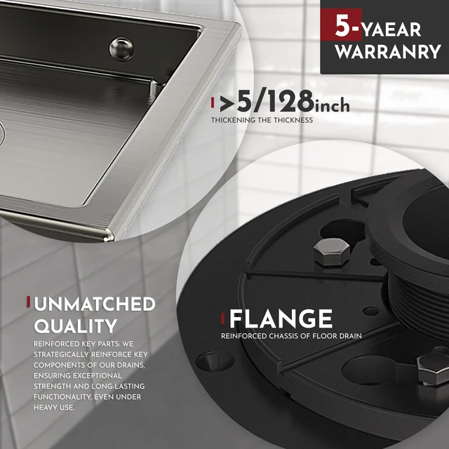 Alt view image 3 of 6 - 6 Inch Square Shower Drain Nickel Floor Drain with Flange Reversible 2-in-1 Cover Tile Insert Grate Removable SUS304 Stainless Steel CUPC Certified Brushed Nickel