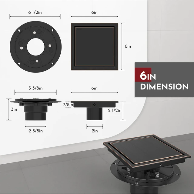 Alt view image 2 of 6 - 6 Inch Square Shower Drain Bronze Floor Drain with Flange Reversible 2-in-1 Cover Tile Insert Grate Removable SUS304 Stainless Steel CUPC Certified Oil Rubbed Bronze