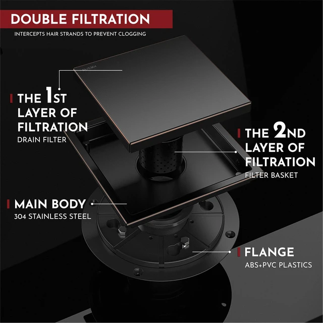 Alt view image 4 of 6 - 6 Inch Square Shower Drain Bronze Floor Drain with Flange Reversible 2-in-1 Cover Tile Insert Grate Removable SUS304 Stainless Steel CUPC Certified Oil Rubbed Bronze