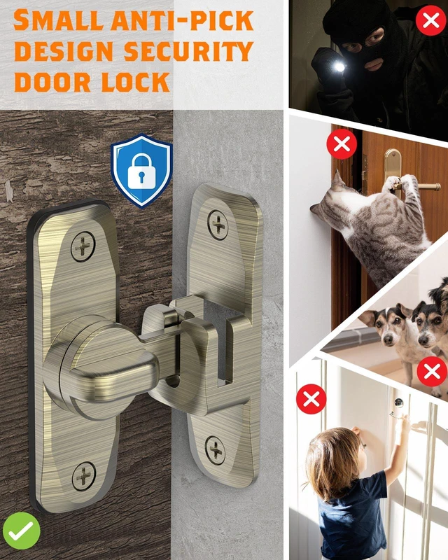 Alt view image 2 of 7 - 90/180 Degree Barn Door Latch Lock with Spacer, Bronze, 4 Pack Zinc Alloy Slide Locks for Uneven Frames, Sliding Panels, Bathrooms, Bedroom, French and Garden Gates, Screws Included