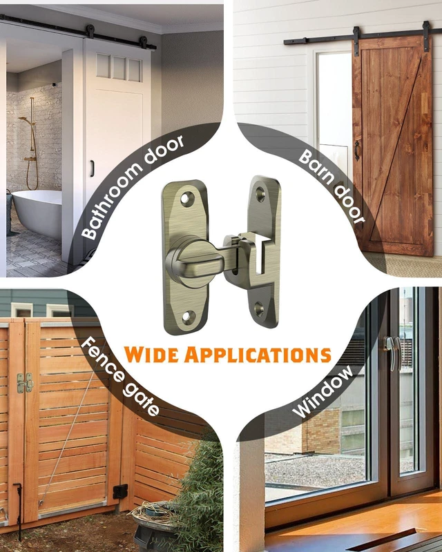 Alt view image 7 of 7 - 90/180 Degree Barn Door Latch Lock with Spacer, Bronze, 4 Pack Zinc Alloy Slide Locks for Uneven Frames, Sliding Panels, Bathrooms, Bedroom, French and Garden Gates, Screws Included