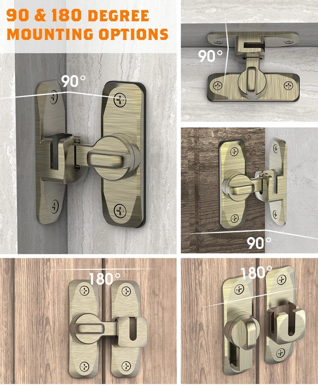 Alt view image 3 of 7 - 90/180 Degree Barn Door Latch Lock with Spacer, Bronze, 4 Pack Zinc Alloy Slide Locks for Uneven Frames, Sliding Panels, Bathrooms, Bedroom, French and Garden Gates, Screws Included