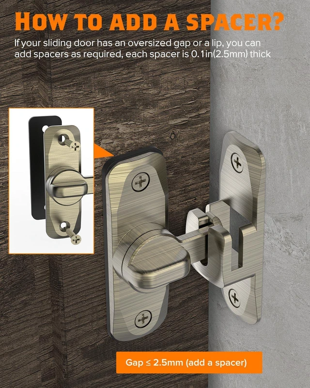 Alt view image 5 of 7 - 90/180 Degree Barn Door Latch Lock with Spacer, Bronze, 4 Pack Zinc Alloy Slide Locks for Uneven Frames, Sliding Panels, Bathrooms, Bedroom, French and Garden Gates, Screws Included