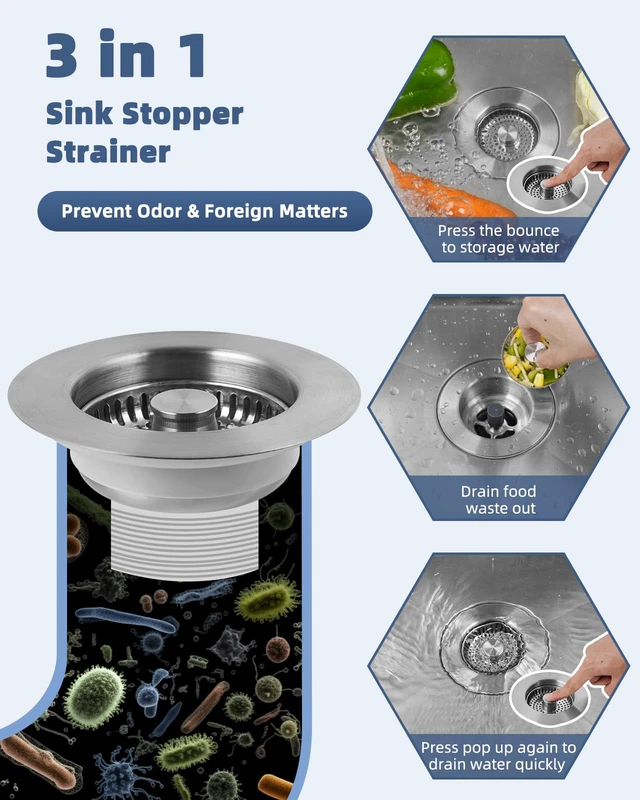 Alt view image 4 of 6 - 3-in-1 Kitchen Sink Strainer Stopper Combo, Universal Fit, All Metal Stainless Pop Up Sink Drain Strainer with Handle Rod for US Standard 3-1/2 inch Drain Filter, Anti-Clog
