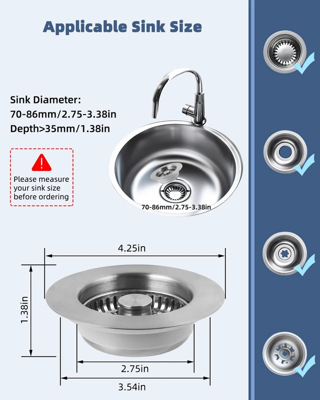 Alt view image 5 of 6 - 3-in-1 Kitchen Sink Strainer Stopper Combo, Universal Fit, All Metal Stainless Pop Up Sink Drain Strainer with Handle Rod for US Standard 3-1/2 inch Drain Filter, Anti-Clog