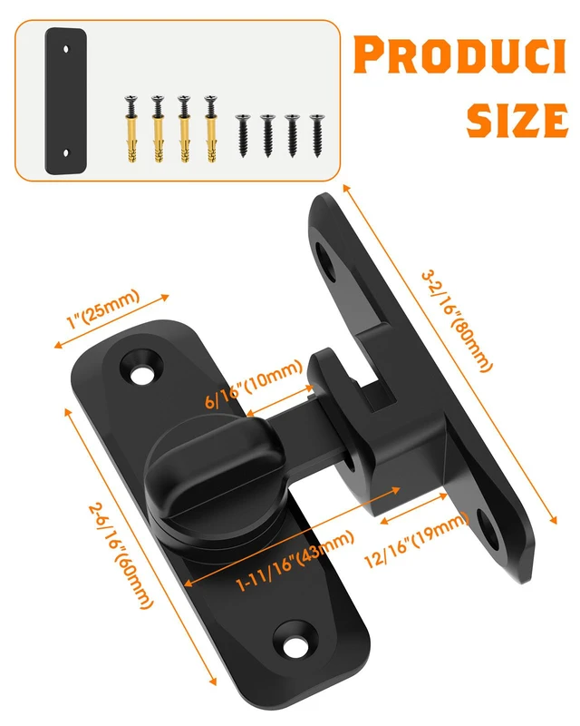 Alt view image 4 of 7 - 90/180 Degree Barn Door Latch Lock with Spacer, Black, 4 Pack Zinc Alloy Slide Locks for Uneven Frames, Sliding Panels, Bathrooms, Bedroom, French and Garden Gates, Screws Included