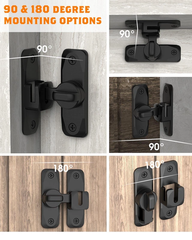 Alt view image 3 of 7 - 90/180 Degree Barn Door Latch Lock with Spacer, Black, 4 Pack Zinc Alloy Slide Locks for Uneven Frames, Sliding Panels, Bathrooms, Bedroom, French and Garden Gates, Screws Included