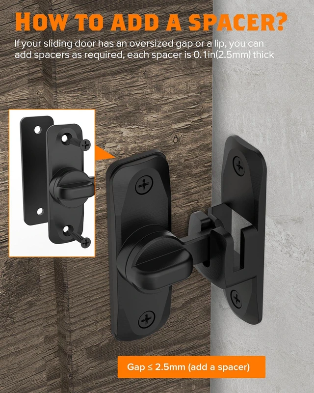 Alt view image 5 of 7 - 90/180 Degree Barn Door Latch Lock with Spacer, Black, 4 Pack Zinc Alloy Slide Locks for Uneven Frames, Sliding Panels, Bathrooms, Bedroom, French and Garden Gates, Screws Included