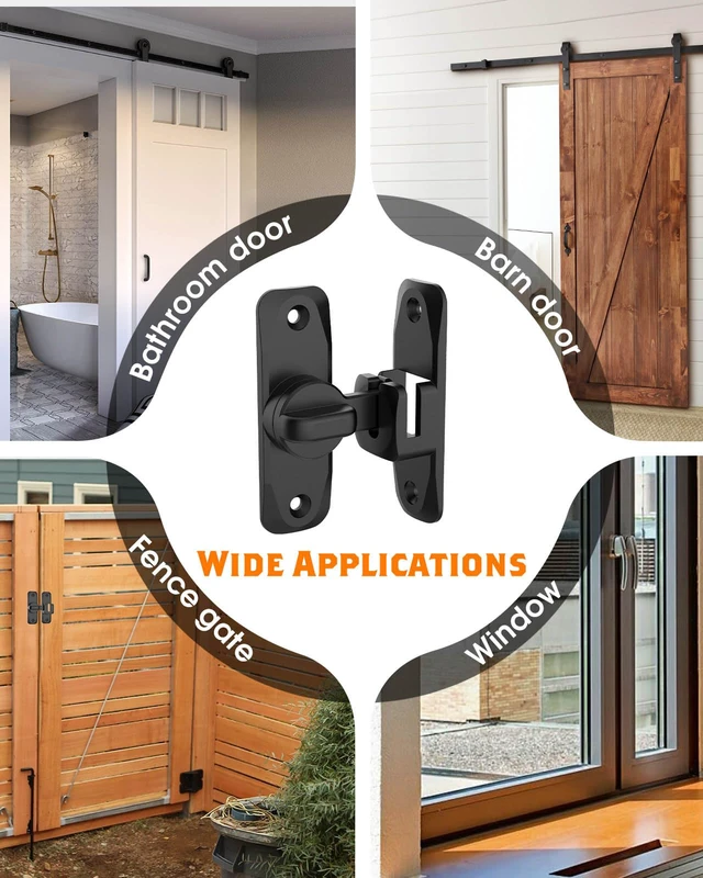 Alt view image 7 of 7 - 90/180 Degree Barn Door Latch Lock with Spacer, Black, 4 Pack Zinc Alloy Slide Locks for Uneven Frames, Sliding Panels, Bathrooms, Bedroom, French and Garden Gates, Screws Included