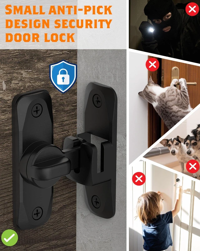Alt view image 2 of 7 - 90/180 Degree Barn Door Latch Lock with Spacer, Black, 4 Pack Zinc Alloy Slide Locks for Uneven Frames, Sliding Panels, Bathrooms, Bedroom, French and Garden Gates, Screws Included