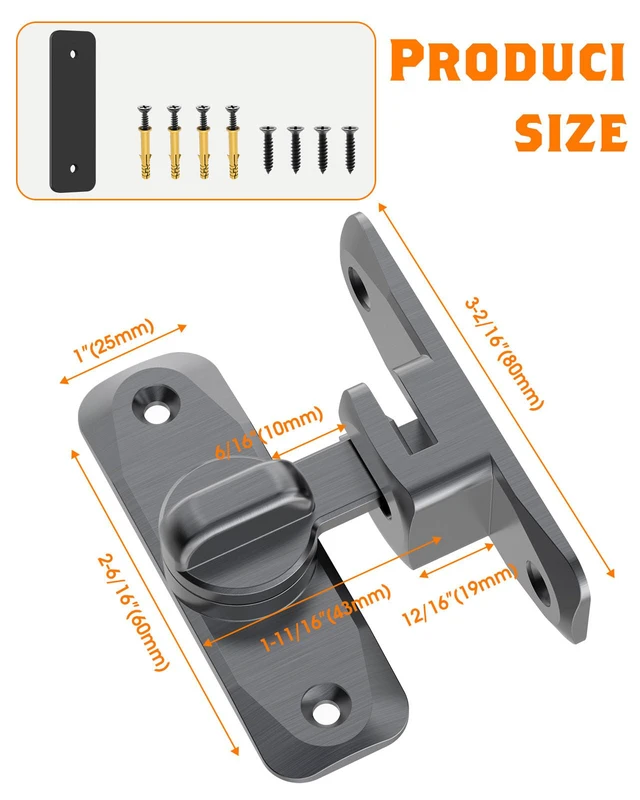 Alt view image 4 of 7 - 90/180 Degree Barn Door Latch Lock with Spacer, Grey, 4 Pack Zinc Alloy Slide Locks for Uneven Frames, Sliding Panels, Bathrooms, Bedroom, French and Garden Gates, Screws Included