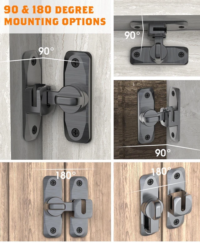 Alt view image 3 of 7 - 90/180 Degree Barn Door Latch Lock with Spacer, Grey, 4 Pack Zinc Alloy Slide Locks for Uneven Frames, Sliding Panels, Bathrooms, Bedroom, French and Garden Gates, Screws Included