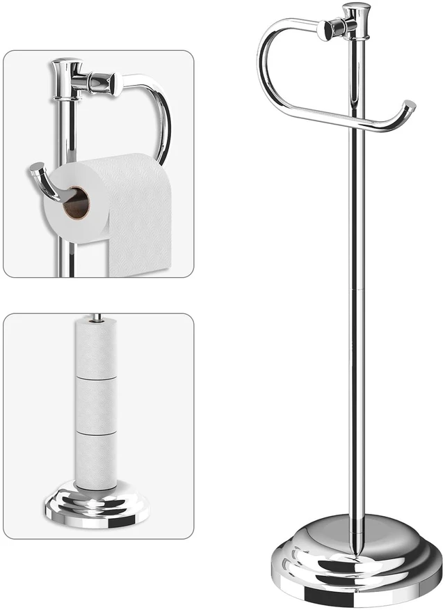 Main image of Toilet Paper Holder Floor Stand, Bathroom Freestanding Chrome Toilet Tissue Roll Holder, Free Standing Rack with Storage, Weighted Base Accessories, SUS304 Stainless Steel Rustproof