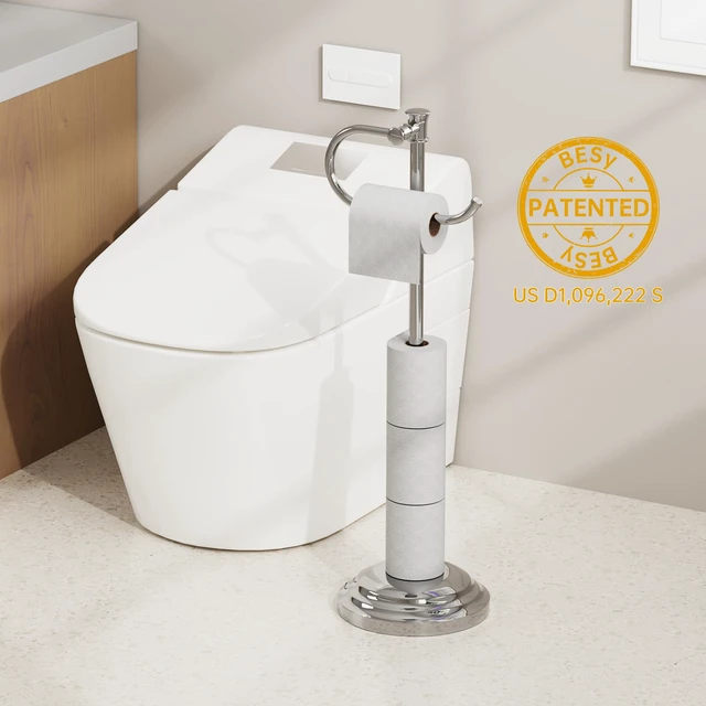 Alt view image 2 of 7 - Toilet Paper Holder Floor Stand, Bathroom Freestanding Chrome Toilet Tissue Roll Holder, Free Standing Rack with Storage, Weighted Base Accessories, SUS304 Stainless Steel Rustproof