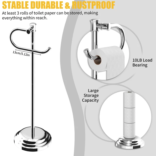 Alt view image 4 of 7 - Toilet Paper Holder Floor Stand, Bathroom Freestanding Chrome Toilet Tissue Roll Holder, Free Standing Rack with Storage, Weighted Base Accessories, SUS304 Stainless Steel Rustproof