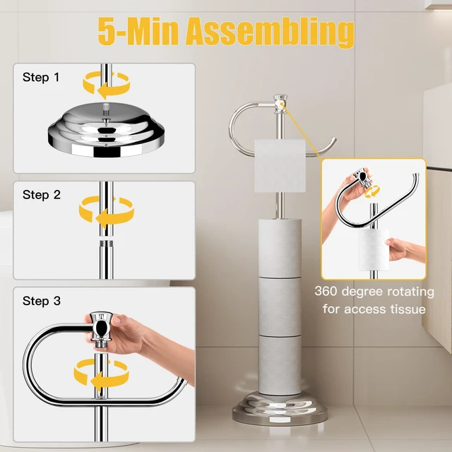 Alt view image 3 of 7 - Toilet Paper Holder Floor Stand, Bathroom Freestanding Chrome Toilet Tissue Roll Holder, Free Standing Rack with Storage, Weighted Base Accessories, SUS304 Stainless Steel Rustproof