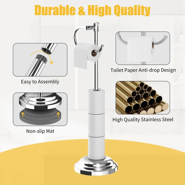 Alt view image 7 of 7 - Toilet Paper Holder Floor Stand, Bathroom Freestanding Chrome Toilet Tissue Roll Holder, Free Standing Rack with Storage, Weighted Base Accessories, SUS304 Stainless Steel Rustproof
