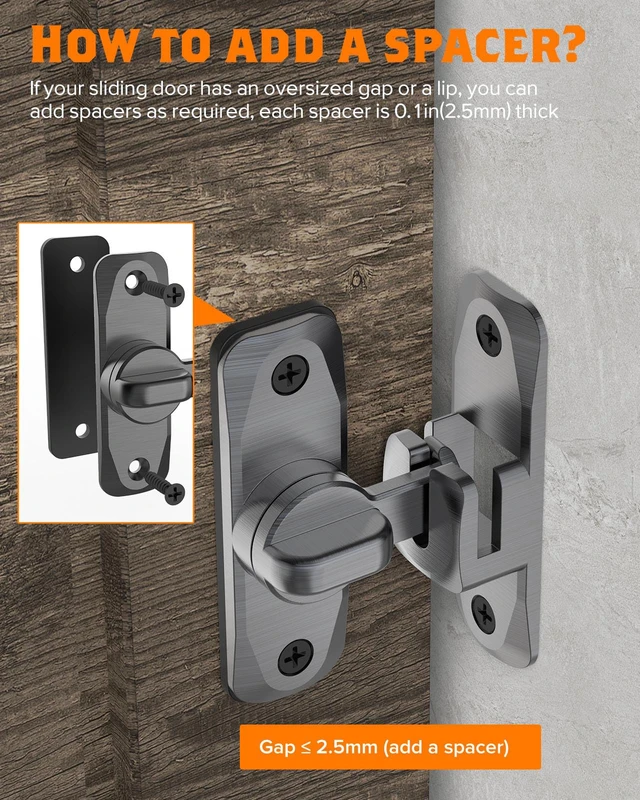 Alt view image 5 of 7 - 90/180 Degree Barn Door Latch Lock with Spacer, Grey, 4 Pack Zinc Alloy Slide Locks for Uneven Frames, Sliding Panels, Bathrooms, Bedroom, French and Garden Gates, Screws Included