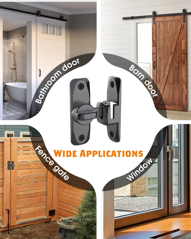 Alt view image 7 of 7 - 90/180 Degree Barn Door Latch Lock with Spacer, Grey, 4 Pack Zinc Alloy Slide Locks for Uneven Frames, Sliding Panels, Bathrooms, Bedroom, French and Garden Gates, Screws Included