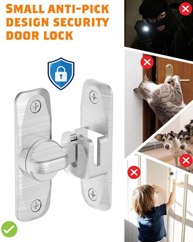 Alt view image 2 of 7 - 90/180 Degree Barn Door Latch Lock with Spacer, Silver, 4 Pack Zinc Alloy Slide Locks for Uneven Frames, Sliding Panels, Bathrooms, Bedroom, French and Garden Gates, Screws Included