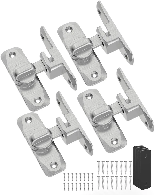 Main image of 90/180 Degree Barn Door Latch Lock with Spacer, Silver, 4 Pack Zinc Alloy Slide Locks for Uneven Frames, Sliding Panels, Bathrooms, Bedroom, French and Garden Gates, Screws Included
