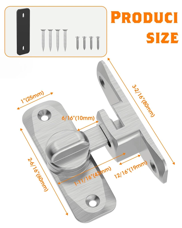 Alt view image 4 of 7 - 90/180 Degree Barn Door Latch Lock with Spacer, Silver, 4 Pack Zinc Alloy Slide Locks for Uneven Frames, Sliding Panels, Bathrooms, Bedroom, French and Garden Gates, Screws Included