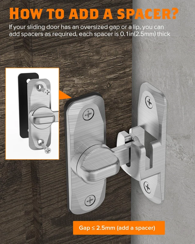 Alt view image 5 of 7 - 90/180 Degree Barn Door Latch Lock with Spacer, Silver, 4 Pack Zinc Alloy Slide Locks for Uneven Frames, Sliding Panels, Bathrooms, Bedroom, French and Garden Gates, Screws Included