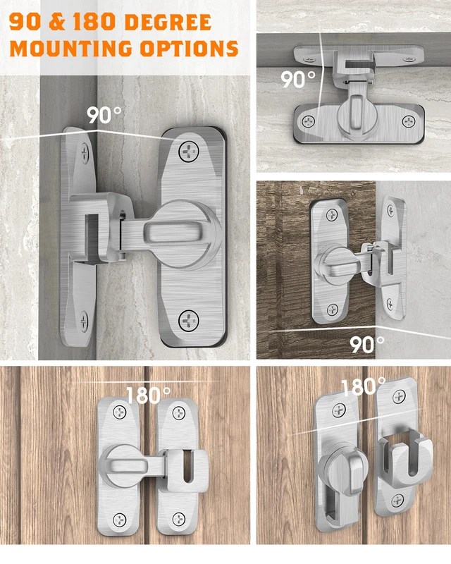Alt view image 3 of 7 - 90/180 Degree Barn Door Latch Lock with Spacer, Silver, 4 Pack Zinc Alloy Slide Locks for Uneven Frames, Sliding Panels, Bathrooms, Bedroom, French and Garden Gates, Screws Included