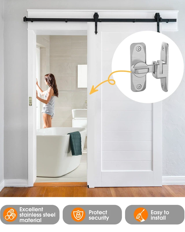 Alt view image 6 of 7 - 90/180 Degree Barn Door Latch Lock with Spacer, Silver, 4 Pack Zinc Alloy Slide Locks for Uneven Frames, Sliding Panels, Bathrooms, Bedroom, French and Garden Gates, Screws Included