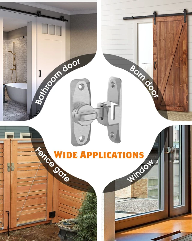 Alt view image 7 of 7 - 90/180 Degree Barn Door Latch Lock with Spacer, Silver, 4 Pack Zinc Alloy Slide Locks for Uneven Frames, Sliding Panels, Bathrooms, Bedroom, French and Garden Gates, Screws Included