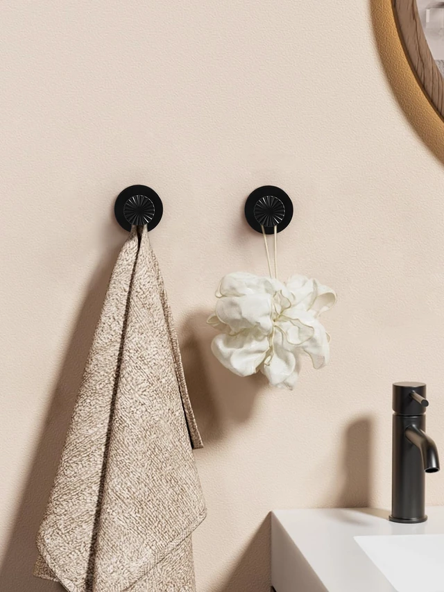 Alt view image 3 of 7 - 4 Pack Adhesive Coat Hooks for Bathrooms Black Wall Robe Towel Hooks for Hanging Kitchen Decorative Heavy Duty Zinc Alloy