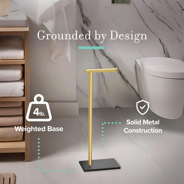 Alt view image 2 of 7 - 1431MXB Modern Rectangle Base Freestanding Toilet Paper Holder, Matte Black/Brushed Brass, Weighted Base, 21.25" Bathroom Tissue Stand