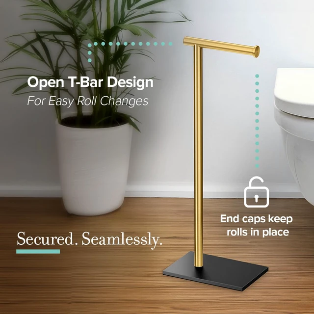 Alt view image 3 of 7 - 1431MXB Modern Rectangle Base Freestanding Toilet Paper Holder, Matte Black/Brushed Brass, Weighted Base, 21.25" Bathroom Tissue Stand