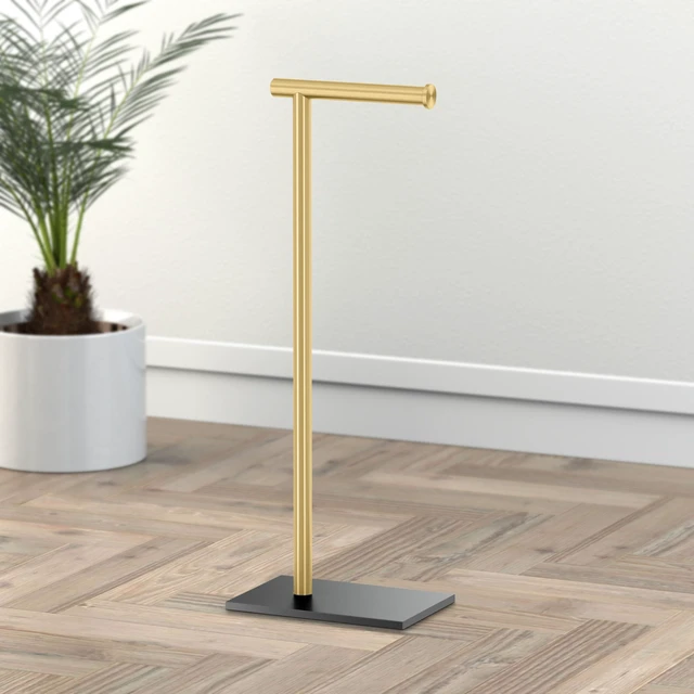 Alt view image 5 of 7 - 1431MXB Modern Rectangle Base Freestanding Toilet Paper Holder, Matte Black/Brushed Brass, Weighted Base, 21.25" Bathroom Tissue Stand