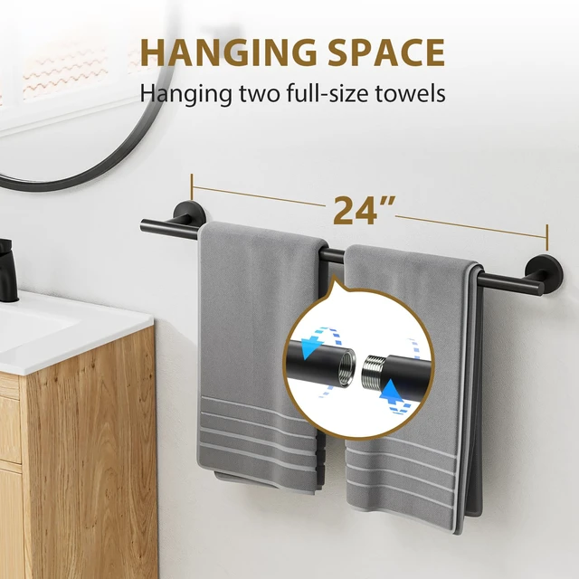 Alt view image 4 of 7 - 24 Inch Matte Black Bathroom Hardware Set, Thicken, 4-Piece Modern Towel Bar Set, Wall Mounted Towel Racks for Bathroom, Durable SUS304 Stainless Steel Bathroom Accessories Set