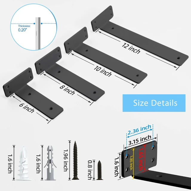 Alt view image 2 of 7 - Shelf Brackets Floating Shlef Brackets 12-Inch 6-Packs, 1/5-Inch Thick Heavy Duty Shelving Brackets for Wood Shelves, 12" Hidden Black Metal L Bracket Shelf Bracket Supports with 160 Lbs Load Capacity