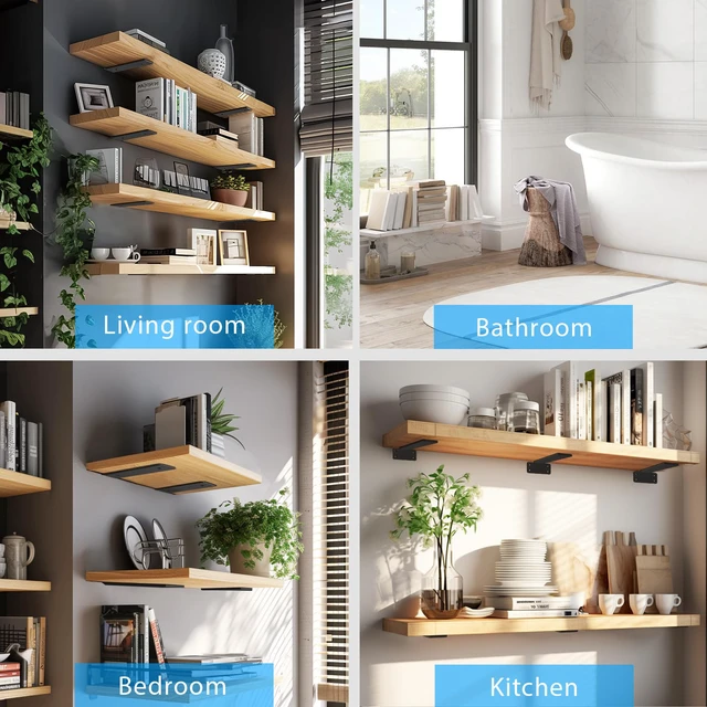 Alt view image 6 of 7 - Shelf Brackets Floating Shlef Brackets 12-Inch 6-Packs, 1/5-Inch Thick Heavy Duty Shelving Brackets for Wood Shelves, 12" Hidden Black Metal L Bracket Shelf Bracket Supports with 160 Lbs Load Capacity