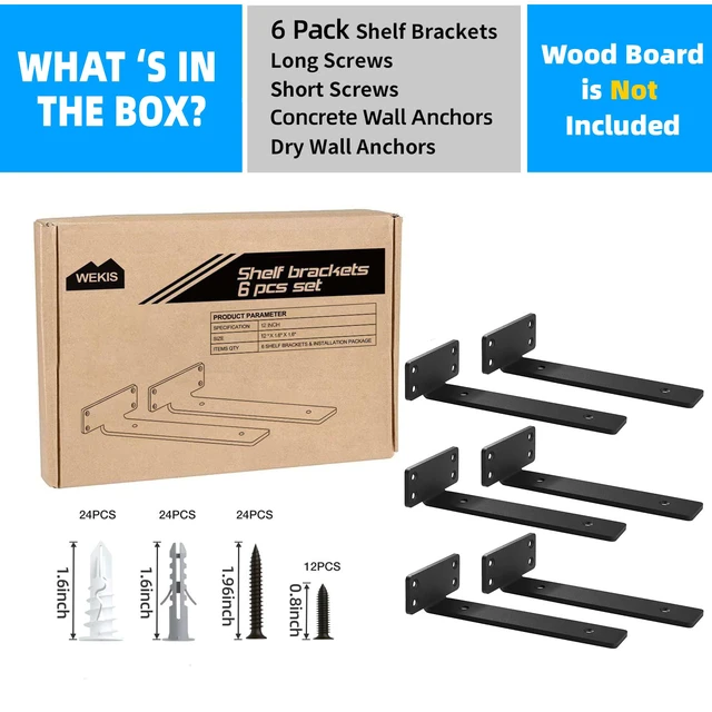 Alt view image 4 of 7 - Shelf Brackets Floating Shlef Brackets 12-Inch 6-Packs, 1/5-Inch Thick Heavy Duty Shelving Brackets for Wood Shelves, 12" Hidden Black Metal L Bracket Shelf Bracket Supports with 160 Lbs Load Capacity
