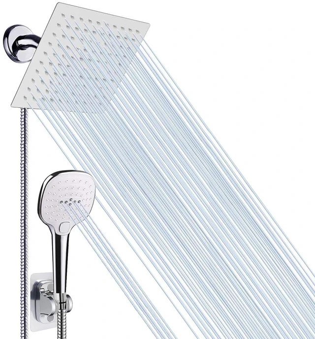 Main image of Shower Head with Hose, High Pressure Stainless Steel Rain Shower and 3 Settings Handheld Spray Combo with Push Button Flow Control (8 Inch, Chrome Finish)