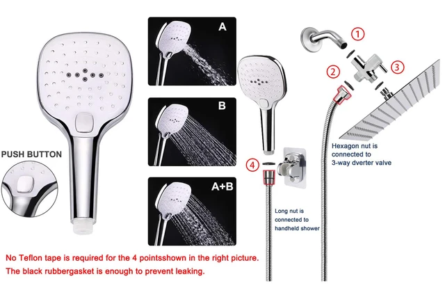 Alt view image 3 of 6 - Shower Head with Hose, High Pressure Stainless Steel Rain Shower and 3 Settings Handheld Spray Combo with Push Button Flow Control (8 Inch, Chrome Finish)