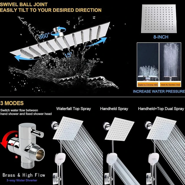 Alt view image 4 of 6 - Shower Head with Hose, High Pressure Stainless Steel Rain Shower and 3 Settings Handheld Spray Combo with Push Button Flow Control (8 Inch, Chrome Finish)