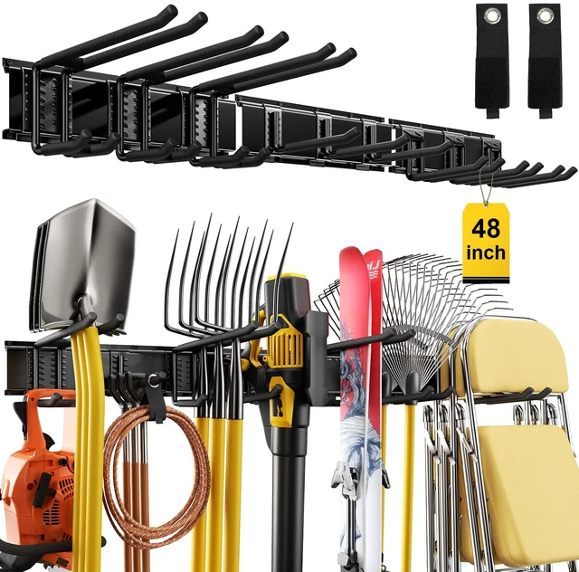 Main image of 48" Garage Tool Organizer Wall Mount, 660lbs Heavy Duty Steel Garden Tool Storage Rack with 9 Adjustable Hooks for Yard, Shed, Garage (3 Racks, 9 Hooks, 2 Straps)