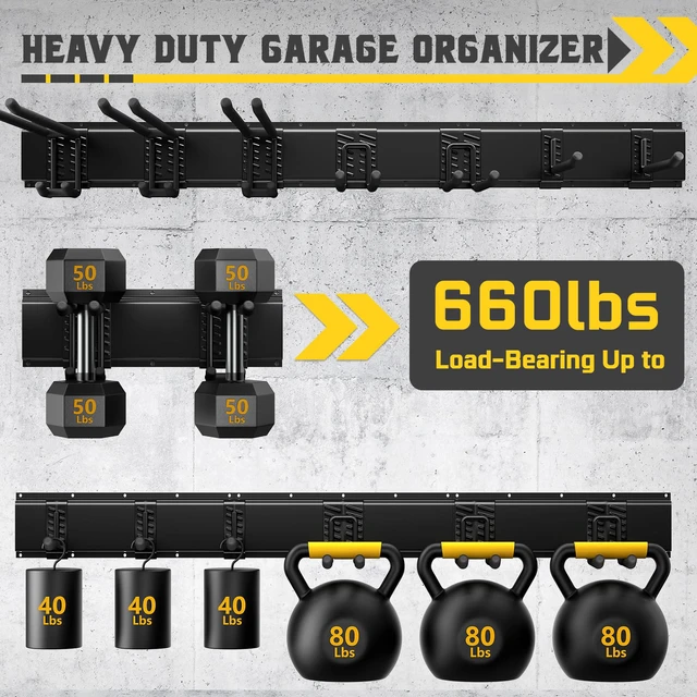 Alt view image 3 of 7 - 48" Garage Tool Organizer Wall Mount, 660lbs Heavy Duty Steel Garden Tool Storage Rack with 9 Adjustable Hooks for Yard, Shed, Garage (3 Racks, 9 Hooks, 2 Straps)