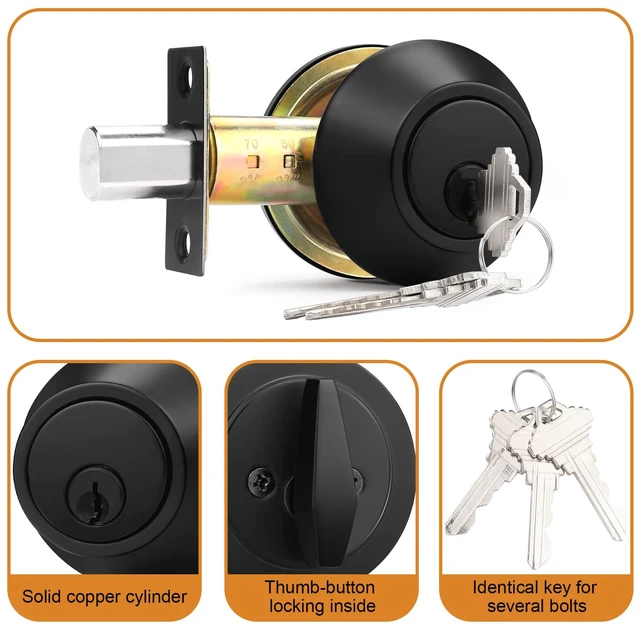 Alt view image 2 of 5 - Keyed Alike Single Cylinder Deadbolts Flat Black, Keyway Keys Handleset, 3 Keys Interior& Exterior Door Hardware (for Entrance Lock and Front Gate), 2 Pack