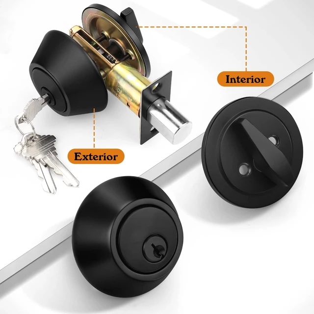 Alt view image 5 of 5 - Keyed Alike Single Cylinder Deadbolts Flat Black, Keyway Keys Handleset, 3 Keys Interior& Exterior Door Hardware (for Entrance Lock and Front Gate), 2 Pack