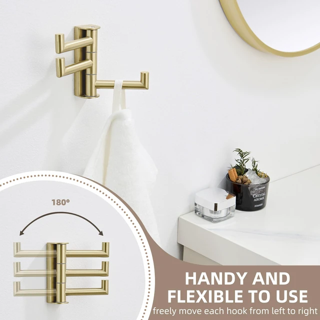 Alt view image 5 of 7 - Towel Hook 3 Arms, Swivel Coat Wall Hook, Brushed Gold Solid SUS304 Stainless Steel, Foldable Robe Towel Holder for Bathroom Kitchen Closet, Modern Space Saver, Screws Mounted