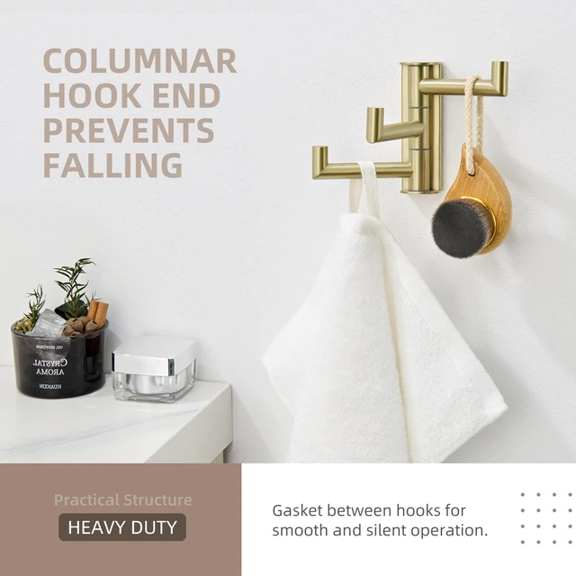 Alt view image 6 of 7 - Towel Hook 3 Arms, Swivel Coat Wall Hook, Brushed Gold Solid SUS304 Stainless Steel, Foldable Robe Towel Holder for Bathroom Kitchen Closet, Modern Space Saver, Screws Mounted
