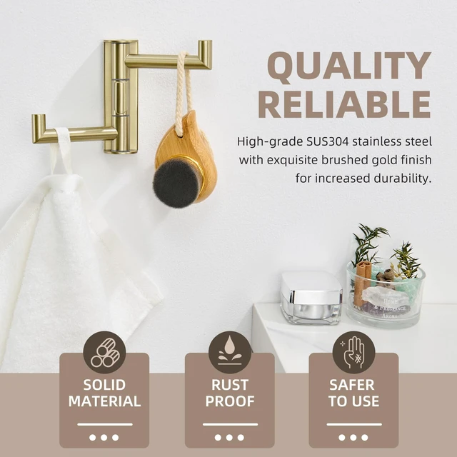 Alt view image 3 of 7 - Towel Hook 3 Arms, Swivel Coat Wall Hook, Brushed Gold Solid SUS304 Stainless Steel, Foldable Robe Towel Holder for Bathroom Kitchen Closet, Modern Space Saver, Screws Mounted